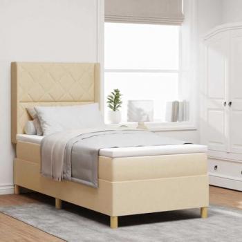 Cama tipo box spring con colchón y tiras LED crema 100 x 200 cm tela