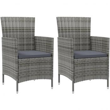 vidaXL Grey Poly Rattan Garden Chairs with Cushions - Set of 2