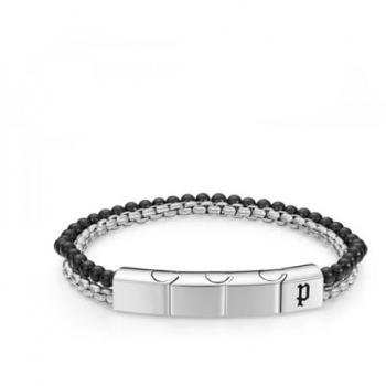 Pulsera de Hombre Police Double Impact de Acero Inoxidable con Cuentas de Ónix, Color Negro y Plateado