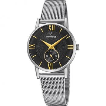 Festina F20572/4 Reloj Retro para Mujer con Esfera Negra y Correa de Acero Plateado