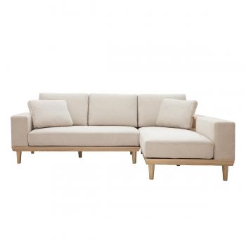 Sofá chaise longue a la derecha 5 plazas con almacenaje de tela texturizada beige efecto aterciopelado y madera clara KOMAO
