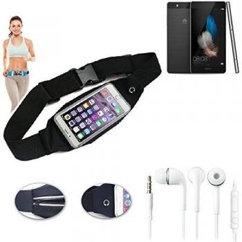 Cinturón de bandolera bolso de la cintura bolsa para Huawei P8 Lite, negro + auriculares. Aptitud del deporte de la cubierta a prueba de lluvia Ejercicio corriente - K-S-Trade