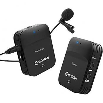 Moman C1 2.4GHz Micrófono Solapa Inálambrico Profesional para DSLR Cámara, Móvil, Videocámara, Laptop y Tablet, Compatible para Canon, Sony, Nikon, Microfono-Inalambrico-Solapa-Corbata-Wireless