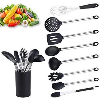 ZUOFENG Utensilios Cocina de Silicona 9 Piezas - Espátula Ranurada, Cucharón de Sopa, Cucharas Sólidas, Servidor de Pasta, Servir Pinzas, Batidor, Skimmer, Espátula, Porta Utensilios.