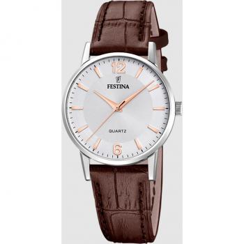Reloj Festina F20691/2 Blanco Mujer con correa de piel marrón, diseño clásico, esfera blanca, resistente al agua
