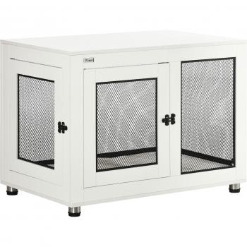 PawHut Jaula para Perros de Madera Superficie Mesa de Centro 94x60x71,5 cm Estilo Mueble con 2 Puertas de Pestillo Cojín de Tela Oxford y Re