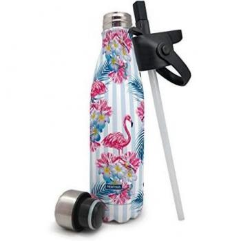 NERTHUS Termo Doble Pared para Frios y Calientes Diseño Flamencos de Acero Inoxidable Con Tapon Pajita, 500 ml