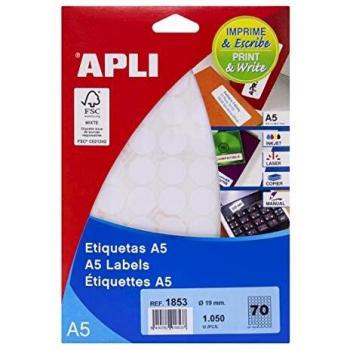 APLI 1853 - Etiquetas A5 blancas Ø 19,0 mm 15 hojas