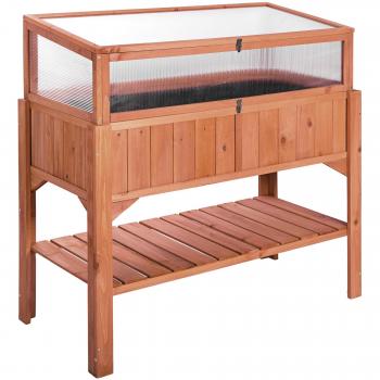 Jardinera con semillero y estante Tectake 119x53x124 cm, altura de trabajo ergonómica, espacio de almacenamiento extra para utensilios de jardinería, madera de conífera barnizada resistente a la