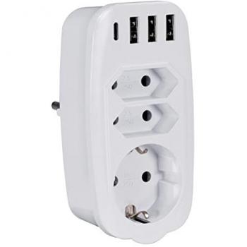 Adaptador de corriente triple con 3 USB-A y 1 USB-C, función de carga, blanco