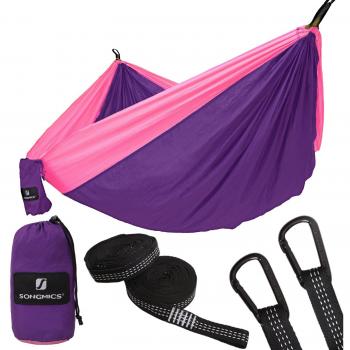 SONGMICS Hamaca Ultra Ligera para Viaje y Camping, Nylon Transpirable, 300kg de Capacidad de Carga, 275 x 140 cm, 2 x Mosquetones Premium, 2 x Correas de Nylon Incluidas, 1-2 Personas GDC14PK