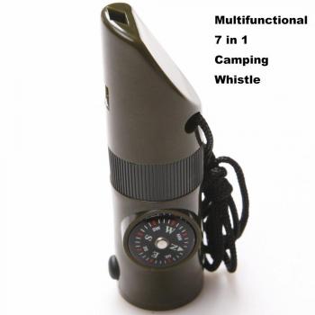 Multifuncional 7 en 1 Camping senderismo al aire libre silbato con brújula termómetro lupa linterna LED de emergencia de supervivencia viajes Trekking hunting-army verde