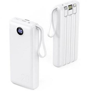 VRURC Power Bank 20000mAh USB C Carga Rápida,Cargador Portátil con 4 Cables de Carga Integrados