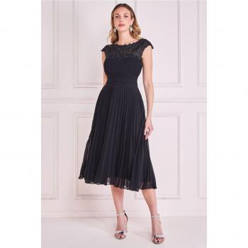 Goddiva Crochet & Pleated Top Midi - Black