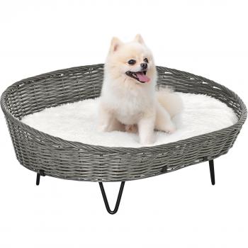 Cama de Mimbre para Mascotas Medianas y Pequeñas con Cojín Lavable y Patas Elevadas de Acero 76x59x32 cm