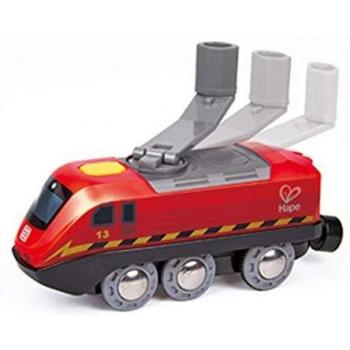 Tren de Juguete Hape Accionado por Manivela, con diseño colorido, fabricado en madera sostenible, fomenta la motricidad fina y la coordinación mano-ojo, apto para niños a partir de 3 años