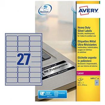 Avery L6011-20 - Caja de 20 hojas etiquetas poliéster, 63.5 x 29.6 mm