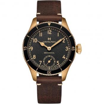Hamilton Khaki Aviation Pilot Pioneer Bronze H76709530 - Reloj de hombre mecánico con correa de piel, esfera negra, resistencia al agua de 100 metros