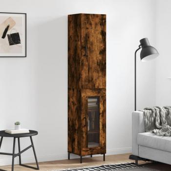 Aparador de madera contrachapada 34,5x34x180 cm con 1 puerta de cristal en roble ahumado, mueble de almacenaje para salón, buffet y armario auxiliar