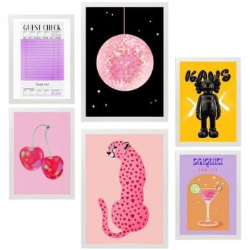 Set de 6 Pósters de Arte Moderno Kaws para Decorar Paredes del Hogar - Ilustraciones A3 y A4 Sin Marco y con Marco Blanco