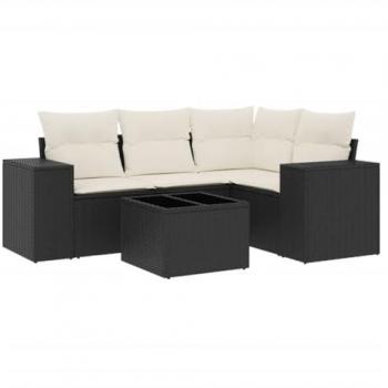 5-Piece Black Poly Rattan Garden Sofa Set with Cushions