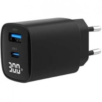 Cargador Rápido USB de 2 Puertos 30W con Pantalla LCD, Negro
