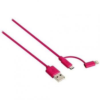 Cable USB 2.0 A Macho a Micro B con Adaptador Lightning, 1m, Rosa