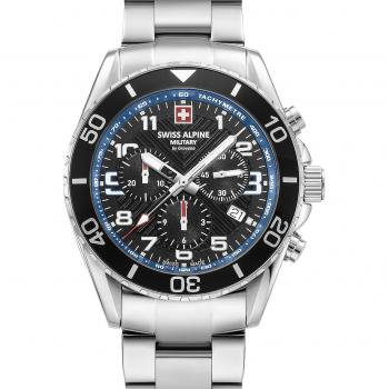 Reloj Cronógrafo Swiss Alpine Military Raptor 42mm 10ATM Acero Inoxidable Negro y Plata