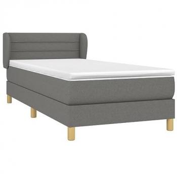 Cama box spring con colchón tela gris oscuro 100x200 cm, tapizado, funda somier, protector, muelles ensacados, adaptable, acolchado reversible