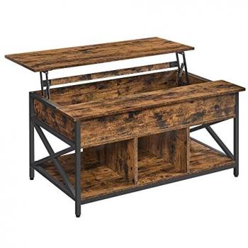 Mesa de Centro Elevable con Almacenamiento Abierto y Oculto, Diseño en Barras X, Disponible en Blanco, Gris Carbón, Marrón Roble y Marrón Rústico
