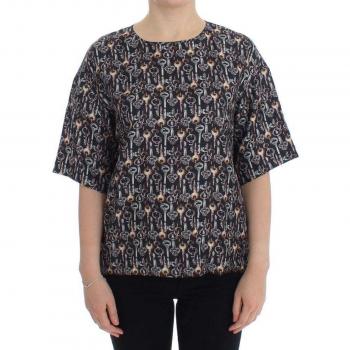 Dolce & Gabbana Gray Gold Key Print Silk Blouse T-shirt - IT40|S, Female, Size: XS