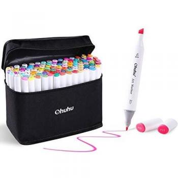 Markers, Ohuhu 100 Colores Rotuladores Permanentes, Tips Dual Arte del Bosquejo Gemelas Rotuladores con Estuche de Transporte para Colorear Pintura de Resaltado y Subrayado