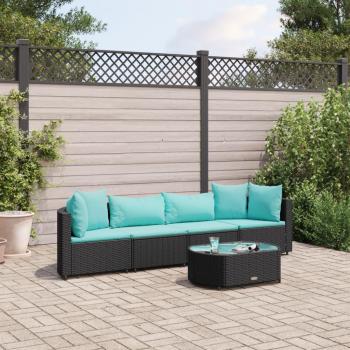5-Piece Black Poly Rattan Garden Sofa Set with Cushions