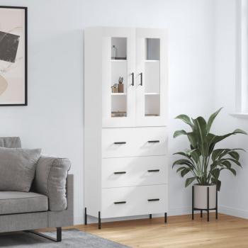 Aparador alto de madera contrachapada blanco brillo 69,5x34x180 cm con 3 cajones, mueble de almacenaje para salón, buffet y armario auxiliar
