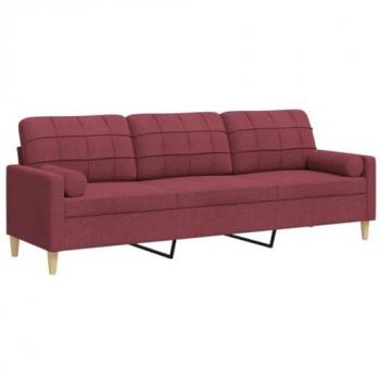 Sofá de 3 Plazas Tapizado en Tela Rojo Tinto con Cojines Decorativos - 210 cm