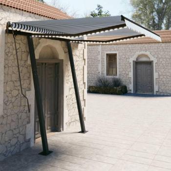 Toldo automático con LED y sensor de viento, resistente al agua, sombrilla retráctil para balcón, jardín y terraza, color azul y blanco, dimensiones 3x2.5 m