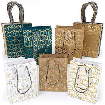 Arteza Bolsas de regalo | 24 x 17.8 x 8.6 cm | Set de 15 bolsas | 6 de papel kraft + 6 blancas + 3 azules | Diseños originales de láminas metálicas | para regalos y fiestas de cumpleaños