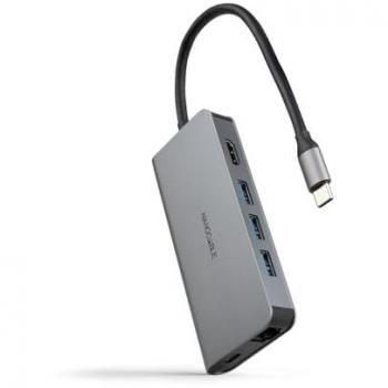 Hub USB-C 8 en 1 Nanocable, Aluminio Gris, 3xUSB-A 3.0, HDMI 4K@60Hz, RJ45 1Gbps, SD/TF y PD 100W