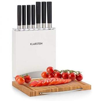 Klarstein Kitano Juego de cuchillos - Juego de 9 piezas con bloque de madera y tabla de cortar de bambú, 7 cuchillas de precisión en diseño japonés, Blanco