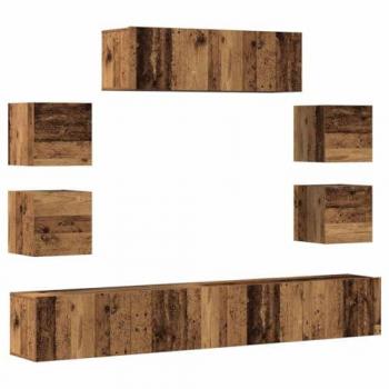 Conjunto de mueble de TV 7 piezas montado en la pared, madera envejecida y madera compuesta