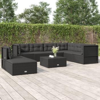 8-Piece Black Poly Rattan Garden Lounge Set with Cushions