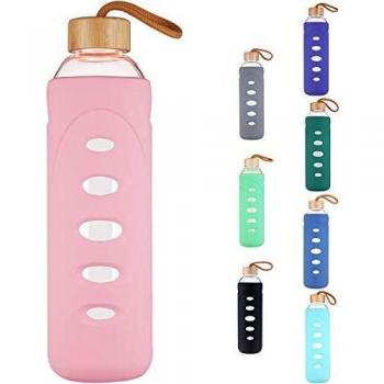 DEARRAY Botella de Agua de Cristal de Borosilicato Deportivo 400ml / 750ml / 1000ml / 1 Litro, Botella de Agua de Vidrio con Funda de Silicona y Tapa Único