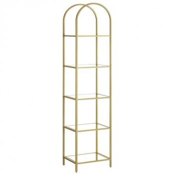 VASAGLE Estantería de 5 Niveles con Vidrio Templado, Diseño Arqueado, Marco de Acero para Salón, Dormitorio, Estudio y Baño, Color Dorado Metálico y Transparente