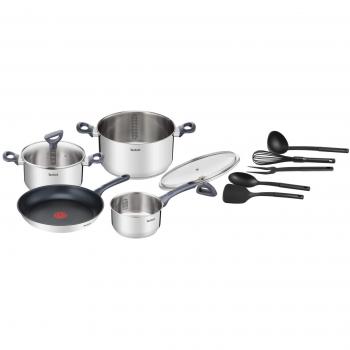 Tefal Daily Cook - Juego de 1 Sartén y 3 Ollas + Tapas y Accesorios: Sartén 28 cm, Cazo 16 cm, Ollas 20/24 cm de acero inoxidable, 2 tapas vidrio, 5 accesorios cocina, Thermospot, todo tipo de cocinas