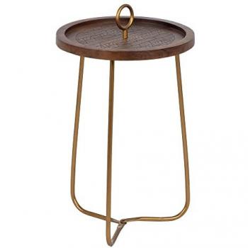 Mesa auxiliar dorada de madera y hierro, color marrón, dimensiones 38 x 38 x 66 cm