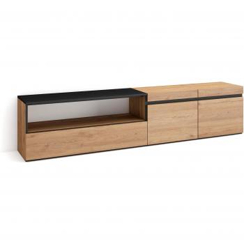 Mueble TV moderno de roble y negro con almacenamiento, para televisores hasta 80, 200x45x35cm