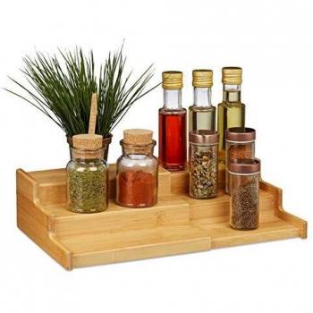 Organizador de Especias en Bambú, 3 Niveles, Extensible, Diseño Natural, Almacenamiento para Condimentos y Aceites, Dimensiones: 9 x 38 x 22 cm, Color Marrón