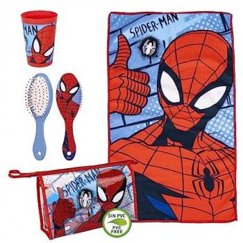 Neceser de Aseo Viaje Spiderman con Accesorios (Vaso, Cepillo y Toalla Microfibra) - Cierre de Cremallera - 23 x 15 x 8 cm - Diseño Impermeable - Producto