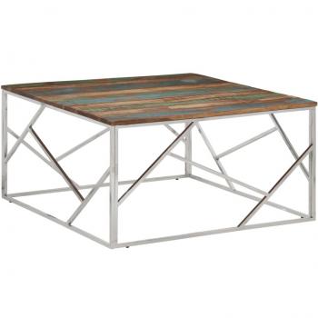 Mesa de café en acero inoxidable y madera reciclada plateado con características de diseño moderno, superficie resistente, ideal para sala de estar