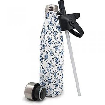 NERTHUS Termo doble pared para frios y calientes Diseño Flores Azul de Acero Inoxidable con Tapon Pajita, 500 ml